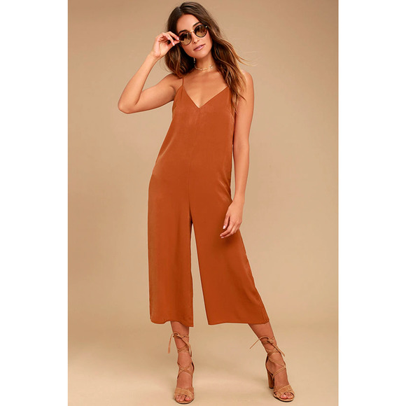 Lulus Jumpsuit Small Rust Orange Elisa Midi Wide Leg Cropped Sleeveless Satin - Picture 1 of 12